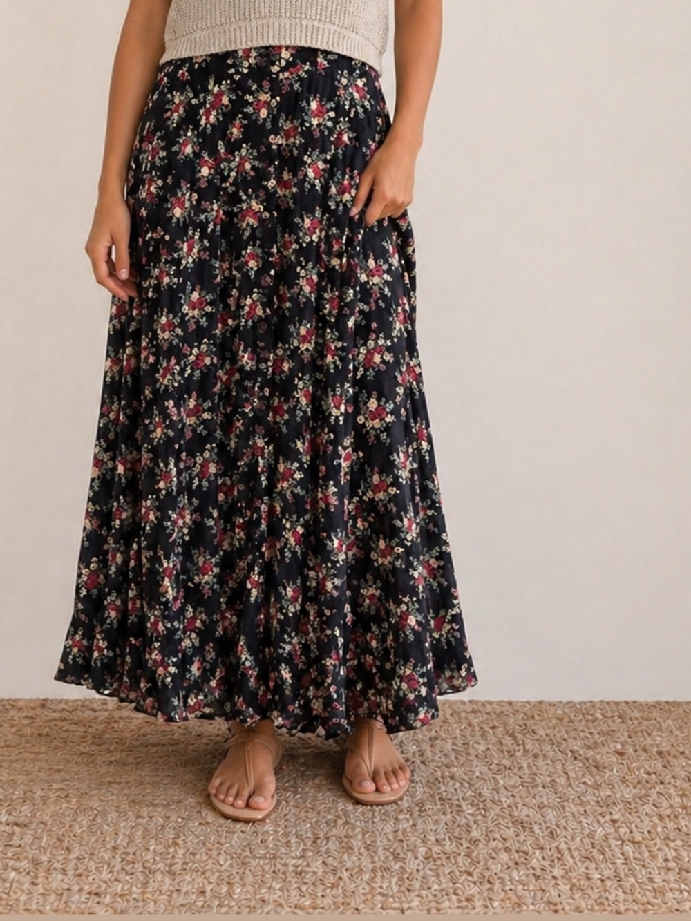 Vinatge Passport Black Floral Maxi Skirt with Pink and Cream Flowers